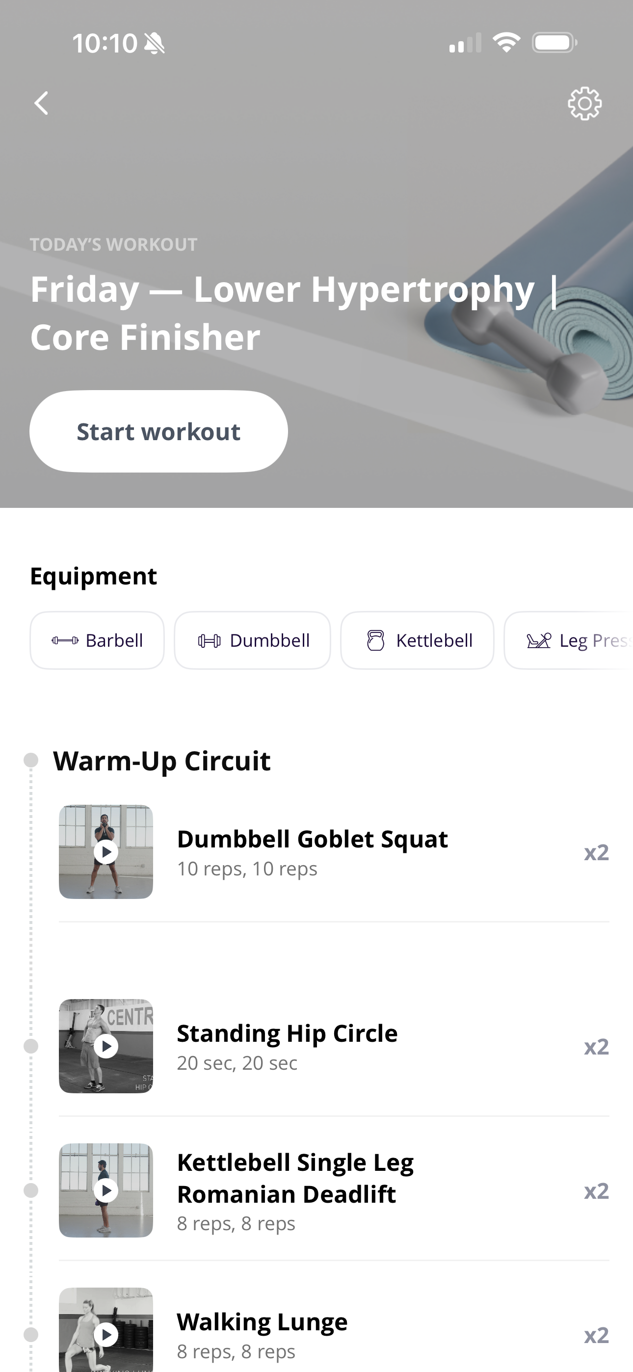 Resilient workout app on Everfit showing Lower Hypertrophy workout